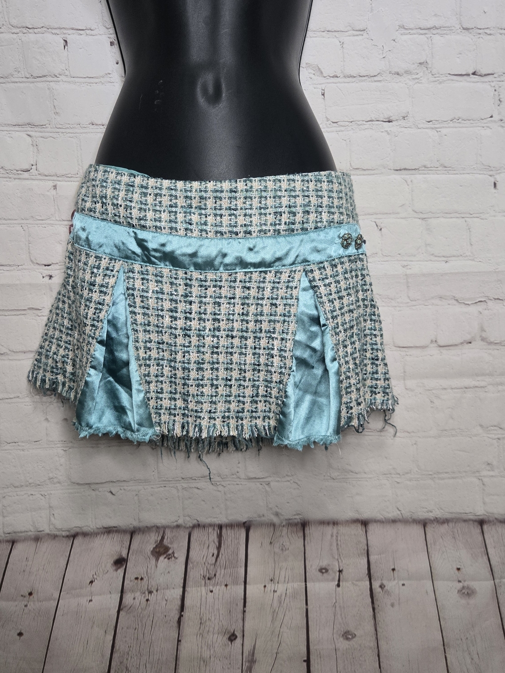 Vtg Y2k Hollister Micro Mini Tweed Skirt Teal Distressed Twee Mcbling Coquette